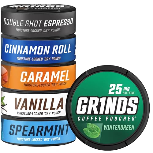 Grinds Coffee Pouches 6 Can Sampler Caramel Espresso Cinnamon Roll Vanilla Wintergreen Spearmint 1 Pouch eq 14 Cup of Coffee
